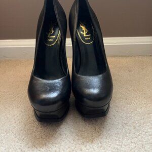 Saint Laurent YSL Black Leather Tribute Pumps Stiletto Platform Heels Size 37